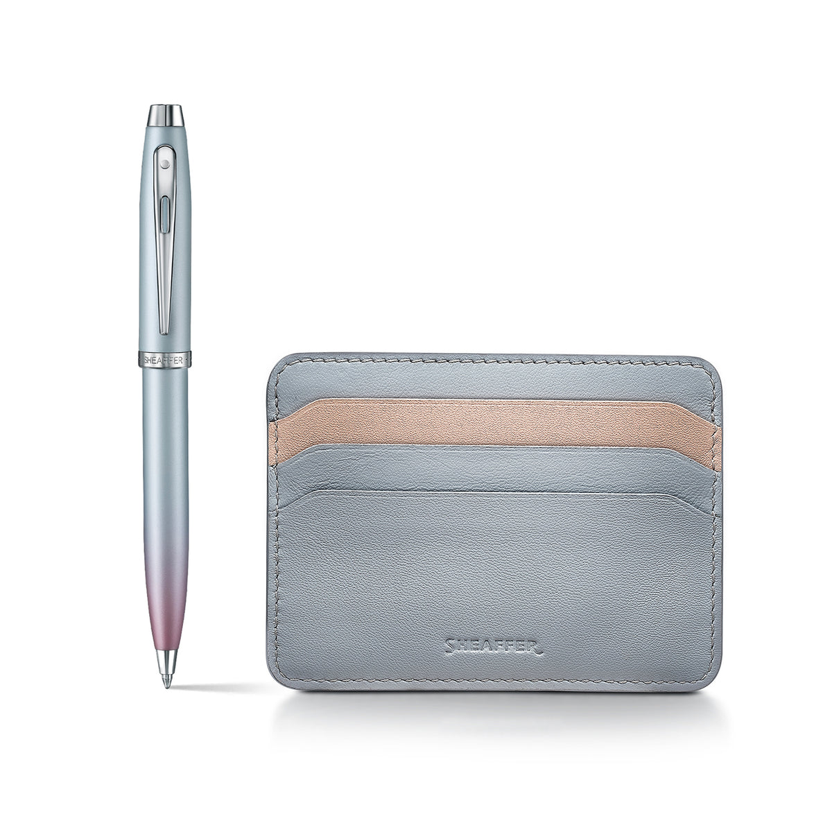 Sheaffer Gift Set ft. Expressions 100 9376 Blue and Pink Pearlised Gradient Ballpoint Pen with Chrome-plated Trims and Genuine Leather Credit Card Holder