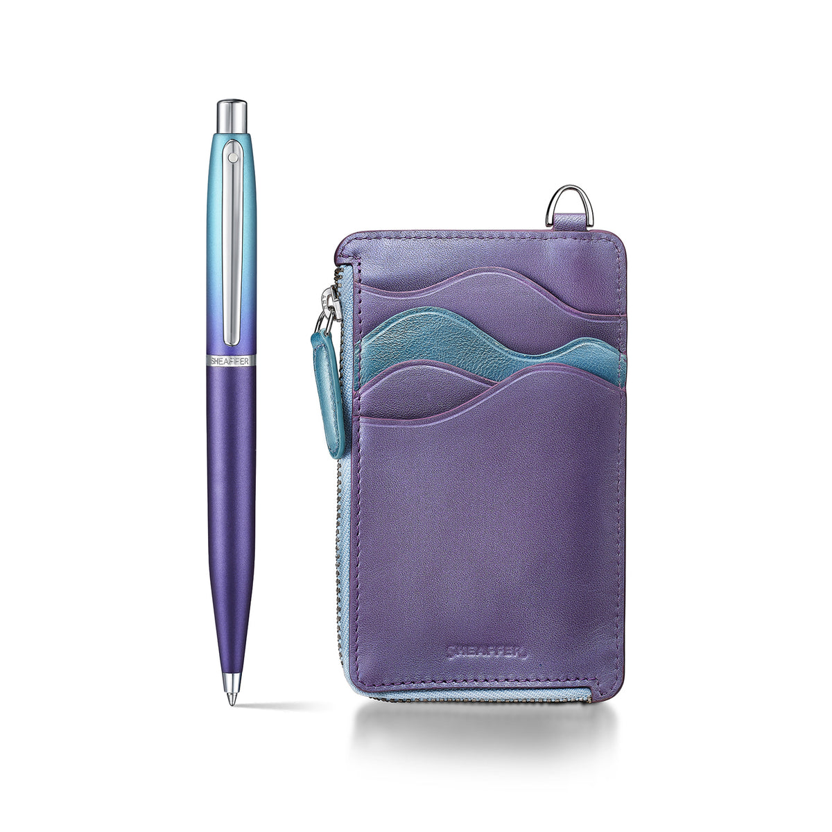 Sheaffer Gift Set ft. Expressions VFM 9430 Blue and Purple Pearlised Gradient Ballpoint Pen with Genuine Leather Card Case
