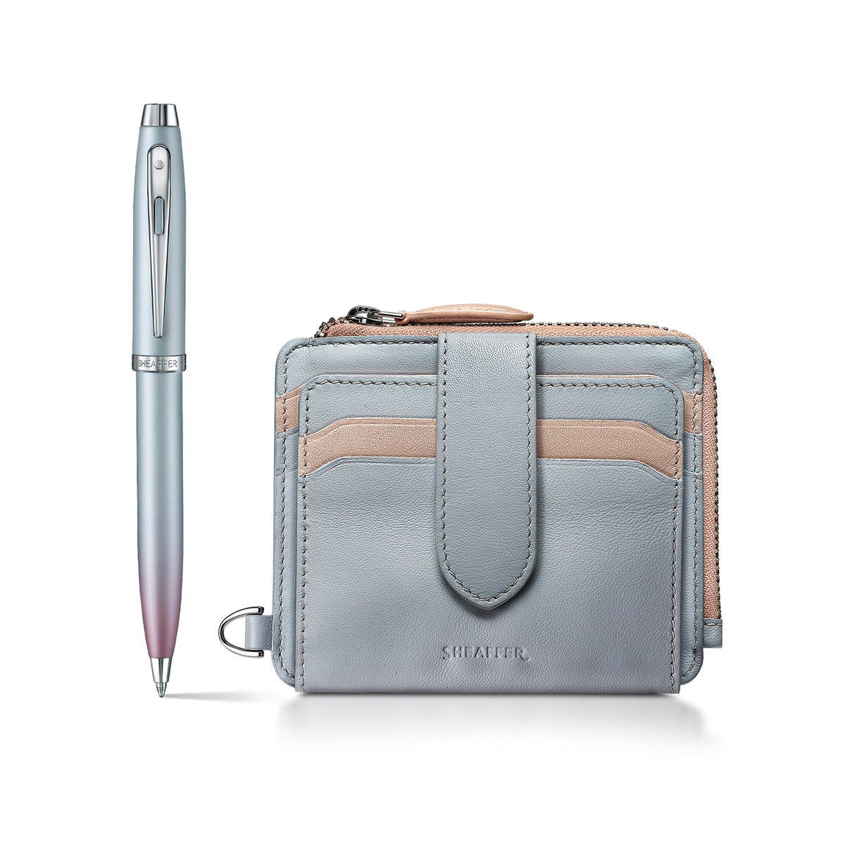 Sheaffer Gift Set ft. Expressions 100 9376 Blue and Pink Pearlised Gradient Ballpoint Pen with Chrome-plated Trims and Genuine Leather Wallet