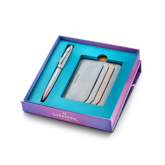 Sheaffer Gift Set ft. Expressions 100 9376 Blue and Pink Pearlised Gradient Ballpoint Pen with Chrome-plated Trims and Genuine Leather Credit Card Holder