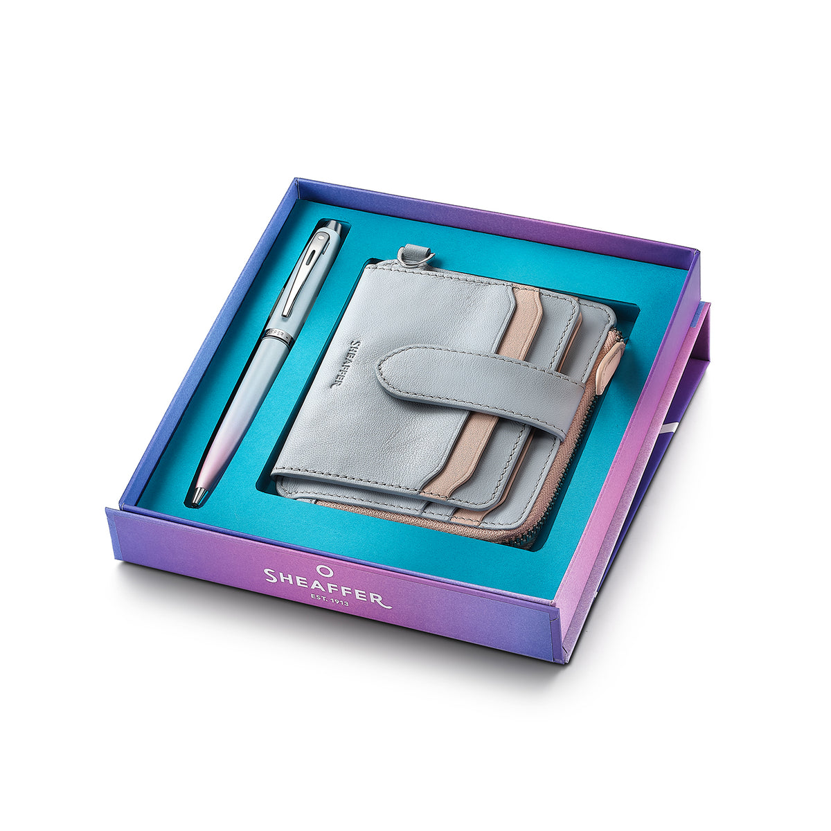 Sheaffer Gift Set ft. Expressions 100 9376 Blue and Pink Pearlised Gradient Ballpoint Pen with Chrome-plated Trims and Genuine Leather Wallet