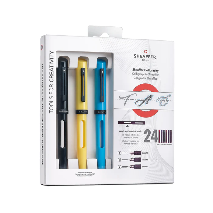 Sheaffer® Calligraphy Glossy Black, Blue and Yellow Fountain pens Maxikit in Hangsell - F, M, B nibs