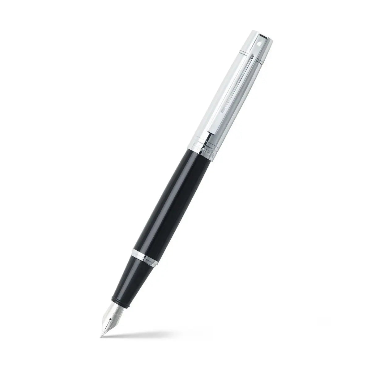 A black Sheaffer 300 Black and Chrome Fountain Pen With Chrome Trims - Fine pen on a white background.